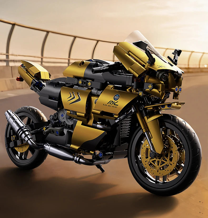 1:8 blocos de construção de motocicleta dourado rr para adultos kit de modelo de carro de corrida técnico haste brinquedos educativos para crianças presentes de aniversário