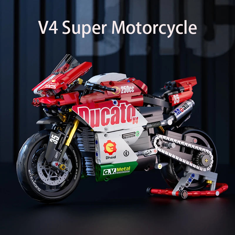 Famoso conjunto de blocos de construção de motocicleta v4, kit de modelo de super moto, corrida técnica, brinquedos montados para crianças, presentes para meninos e meninas