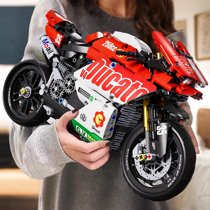 Famoso conjunto de blocos de construção de motocicleta v4, kit de modelo de super moto, corrida técnica, brinquedos montados para crianças, presentes para meninos e meninas
