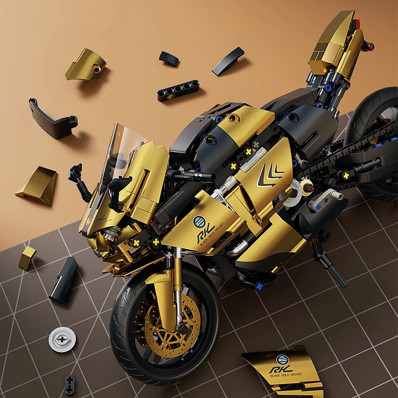 1:8 blocos de construção de motocicleta dourado rr para adultos kit de modelo de carro de corrida técnico haste brinquedos educativos para crianças presentes de aniversário
